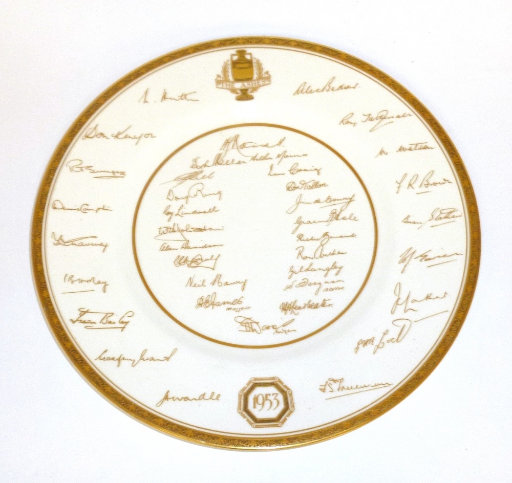 A Royal Worcester `The Ashes 1953` Signature Plate, with facsimile signatures of cricketers in