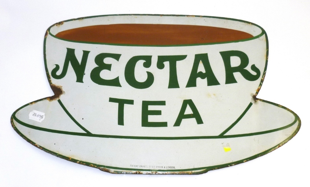 A Nectar Tea Enamel Advertising Sign, in the shape of a cup of tea, with green lettering, by