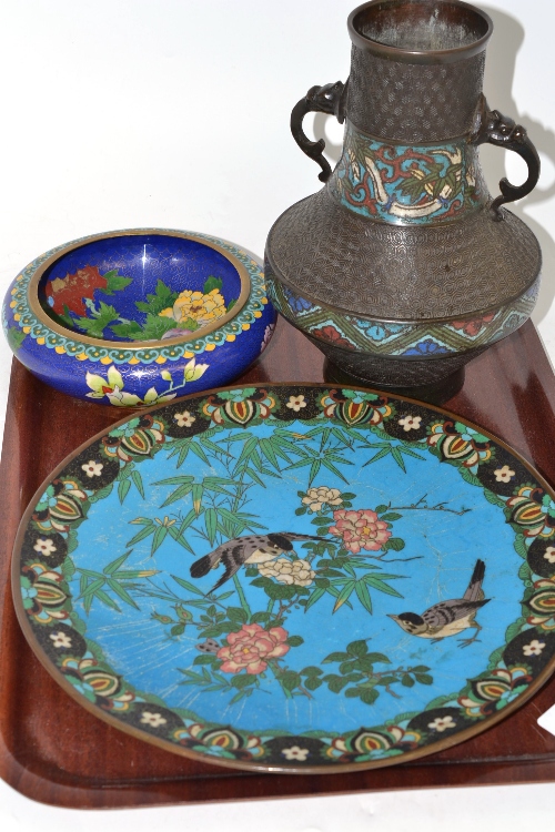 Japanese cloisonné plaque, Japanese bronze vase and a 20th century cloisonné bowl