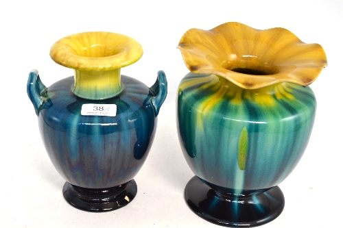 Linthorpe pottery twin handled vase, turquoise and yellow glaze, impressed Linthorpe 1334, 20cm and