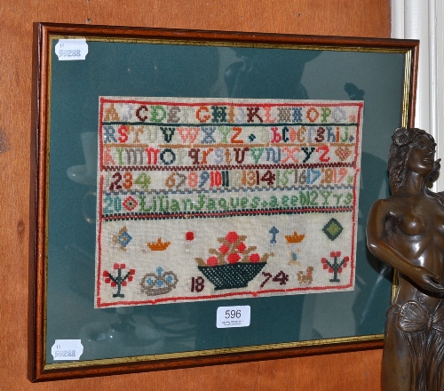 Victorian wool alphabet sampler, worked by Lilian Jaques aged 12 years, 1874