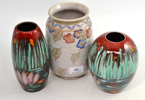 Woods `Arabesque` vase, by Charlotte Rhead and two Anita Harris vases