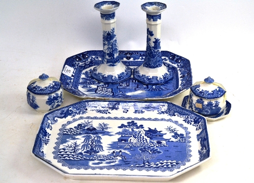 Six piece Masons blue and white dressing table set and a tureen stand