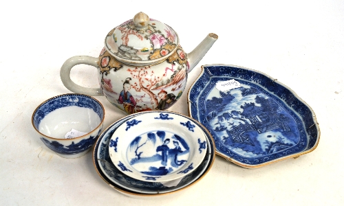 Chinese famille rose teapot and cover, a leaf shaped dish, tea bowl and saucer and two small saucer