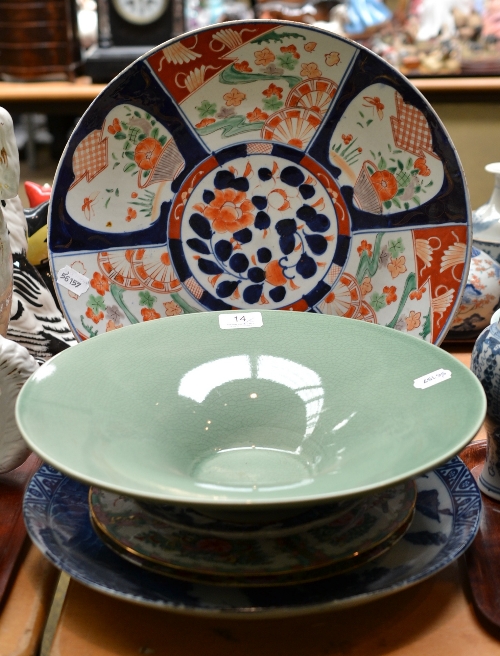 Green celadon type bowl, blue and white charger, Imari plaque, two Canton plates etc (6)