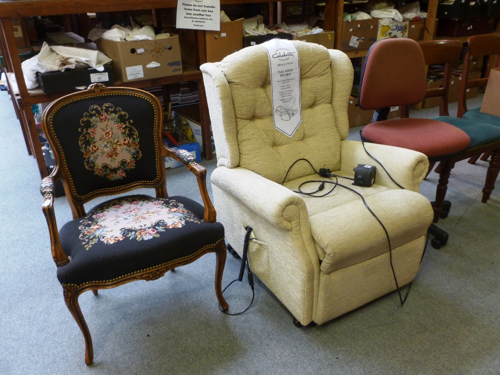A modern French style open armchair with woolwork covers, an office chair and a dual motor