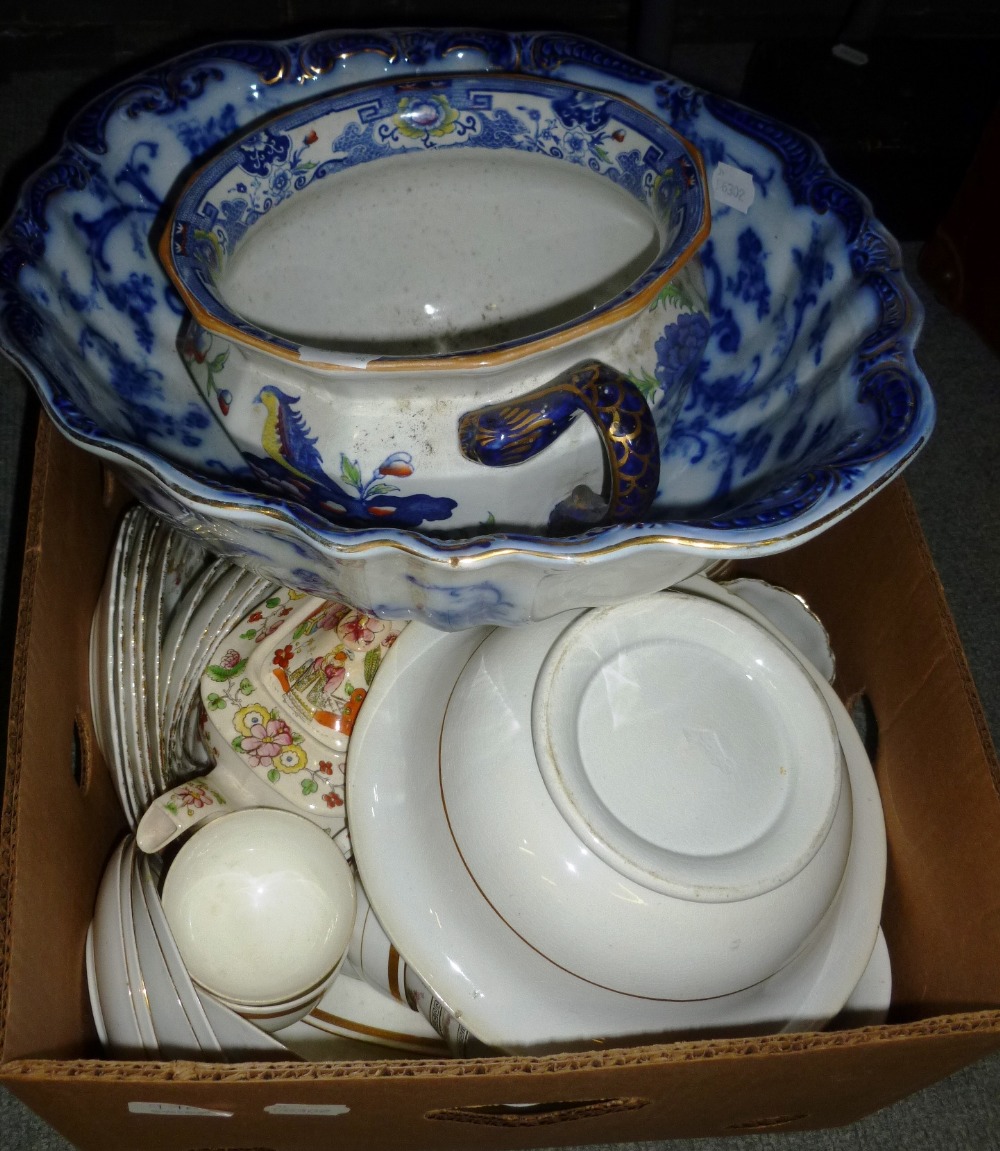 A Masons ironstone chamber pot and a quantity of ceramics including tea and dinner wares