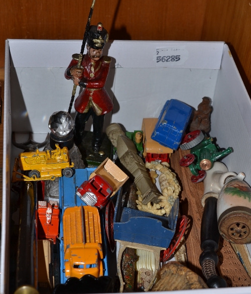 Toy cars, pipes, horn stick handle, collectables etc