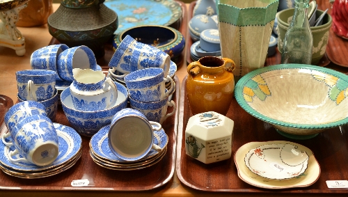 Clifton china `Willow` teaset, Crown Ducal bowl and vase, Brannam vase, Wedgwood money box etc (on