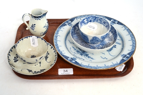 Six pieces of blue and white ceramic - a sparrow beak jug, two tea bowls and saucers and tin glazed