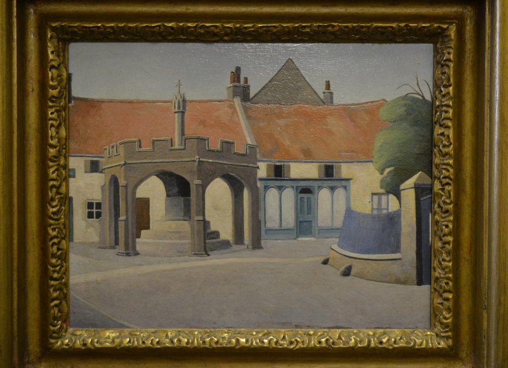 Harold Steggles (1911 - 1971)  A village scene with a market cross  signed in pencil verso, oil on