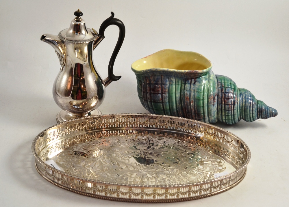 A silver plated tray, Shorter and Sons shell and a silver plated hot water jug