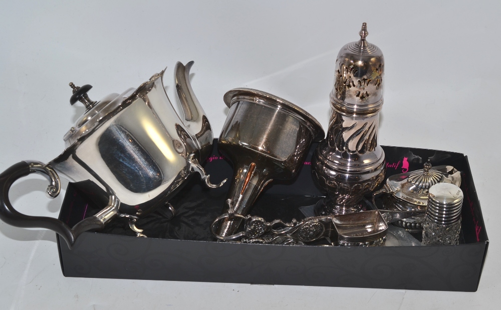 A silver salt, a silver vesta, fob watch, silver topped bottle and plated ware