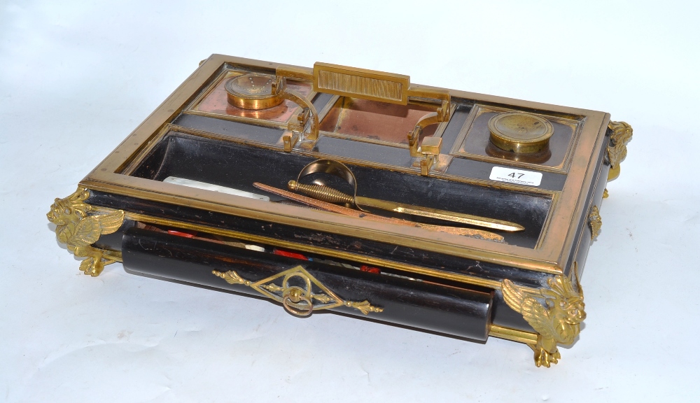 Victorian ebonised and brass mounted inkstand, silver paper knife and four others