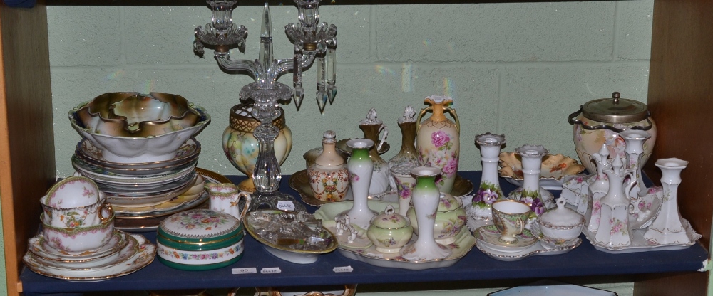 A shelf of decorative ceramics including dressing table items, Continental bowls, Cantonese