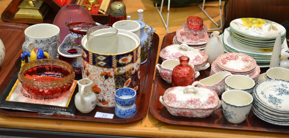 Assorted miniature teawares, Shelley part tea wares, cranberry glass, decorative ceramics, etc (