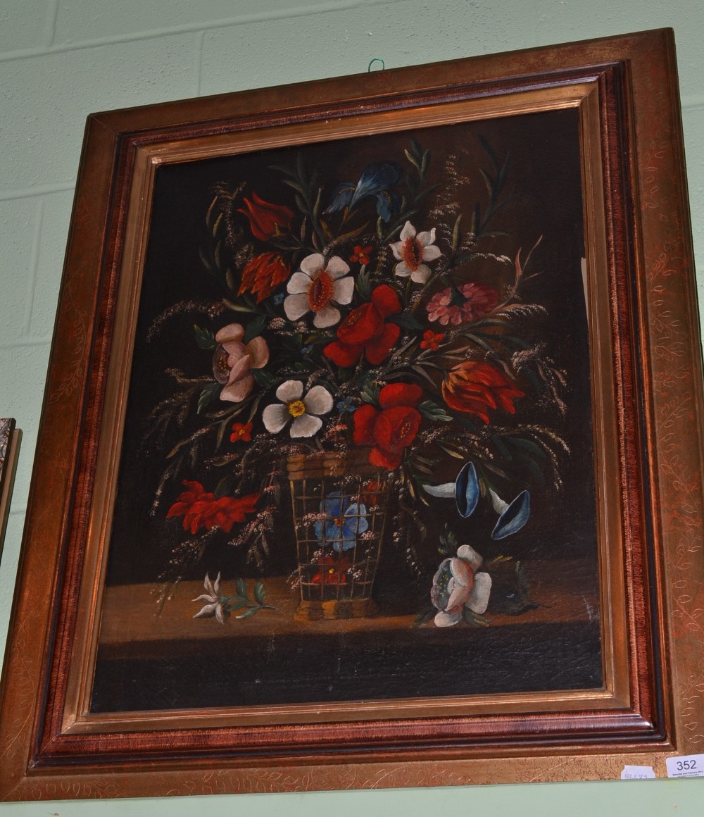 A framed oil on canvas, still life flowers in vase