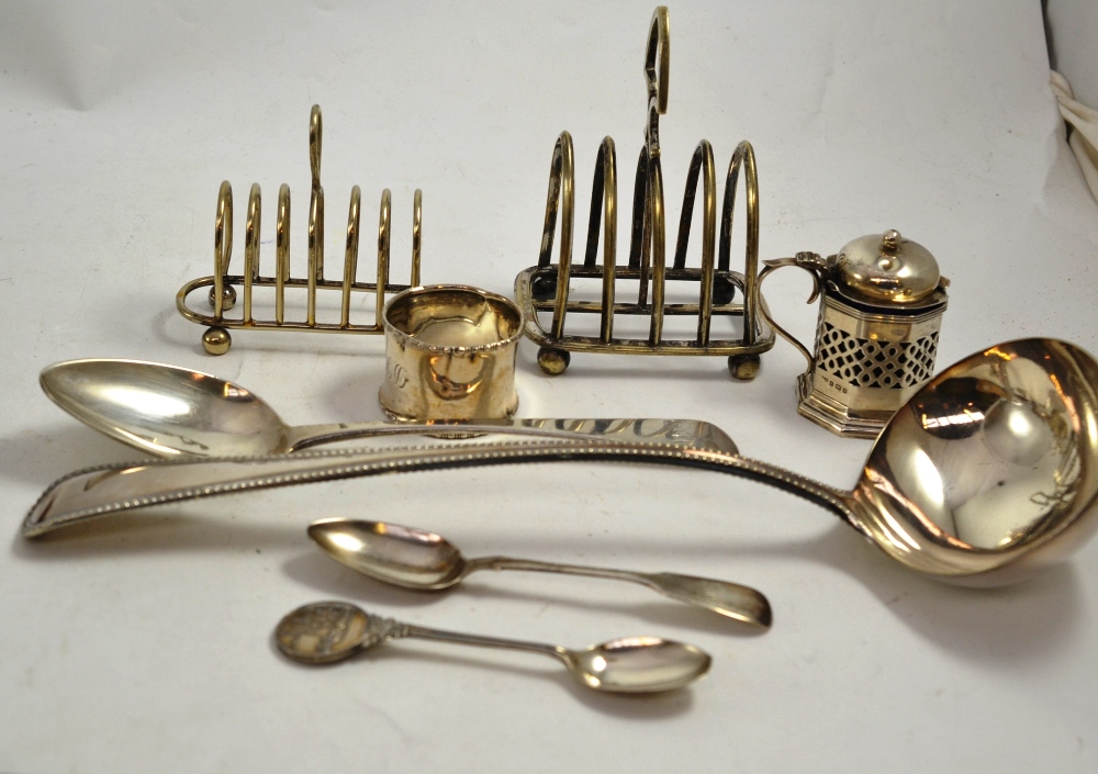 Plated ladle, silver serving spoon, condiments, toast racks etc