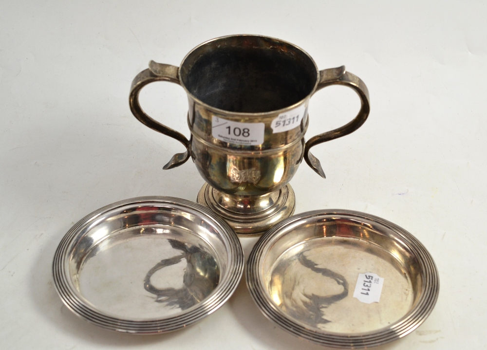 Pair of French silver circular dishes and a Georgian silver two handled mug (3)