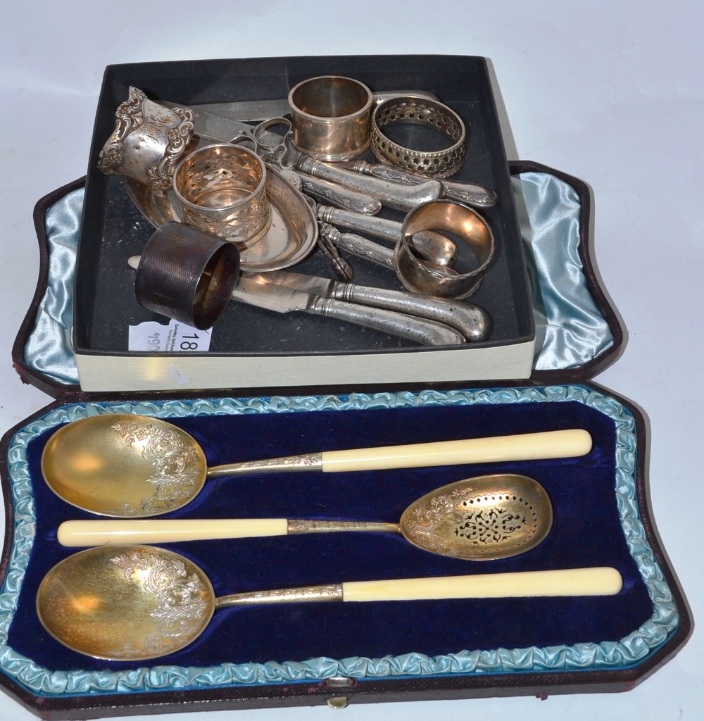 Set of three Victorian silver gilt and ivory service spoons, vase and a small quantity of silver and