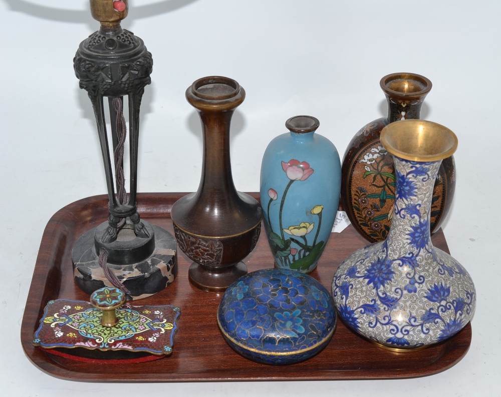 Small Japanese bronze vase, two cloisonné vases and a table lamp signed M le Verrier