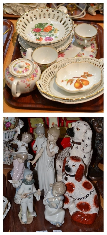 Two trays of decorative ceramics including six Nao figures, two spaniels, a Continental part cabaret