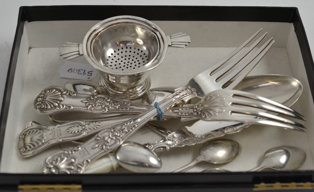 Silver tea strainer and flared small dish, flatware etc