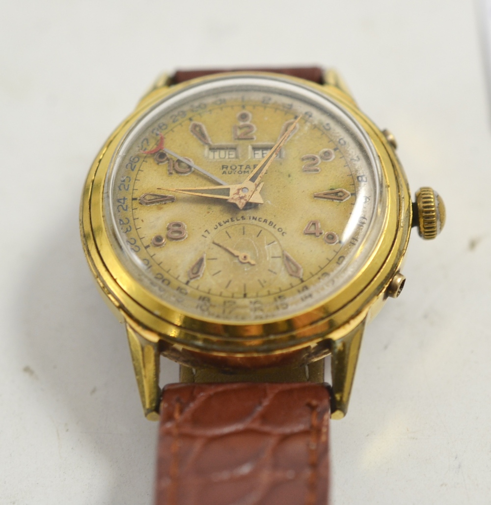 A gold plated triple calendar wristwatch signed Rotary