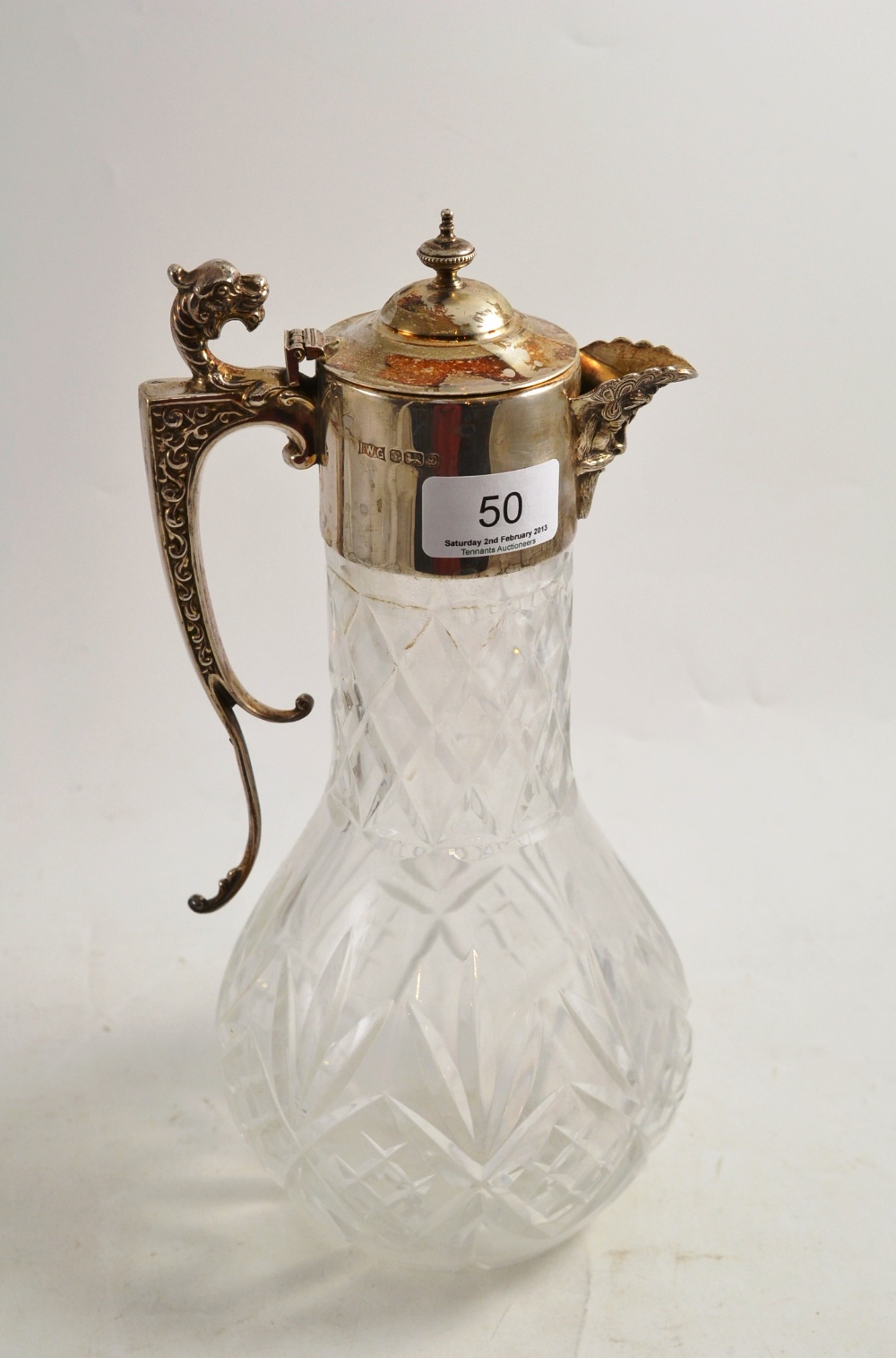 A cut glass claret jug with silver mount, cover and handle, Sheffield 1978