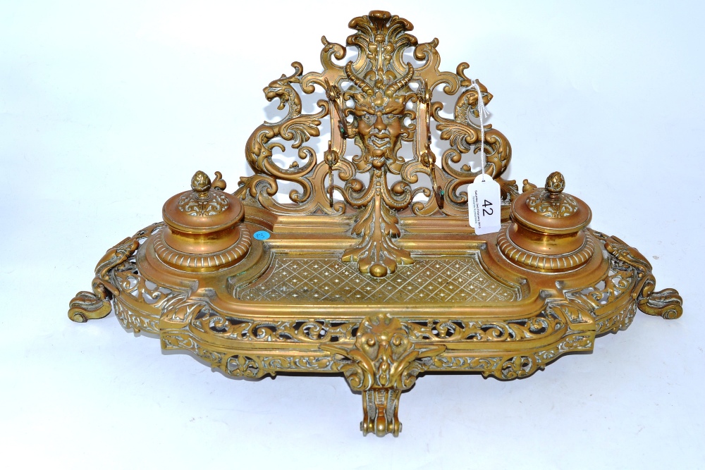 Ornate cast brass pen and ink stand