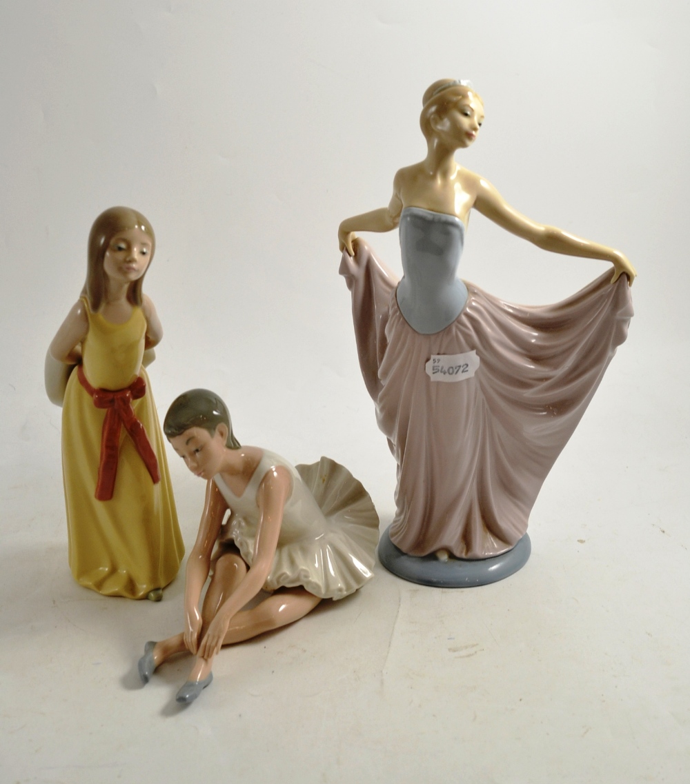 Two Lladro figures of ladies and a Nao ballet dancer figure (3)