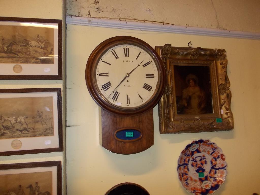 Victorian Walnut Fusee Wall Clock with the dial stamped R. Seale, Clonmel dial stamped R. Seale,