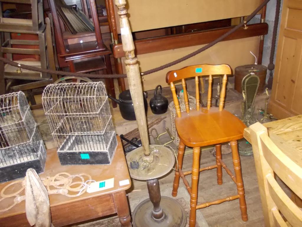 Victorian Chamber Table, Standard Lamp and a Bar Stool and a Bar Stool