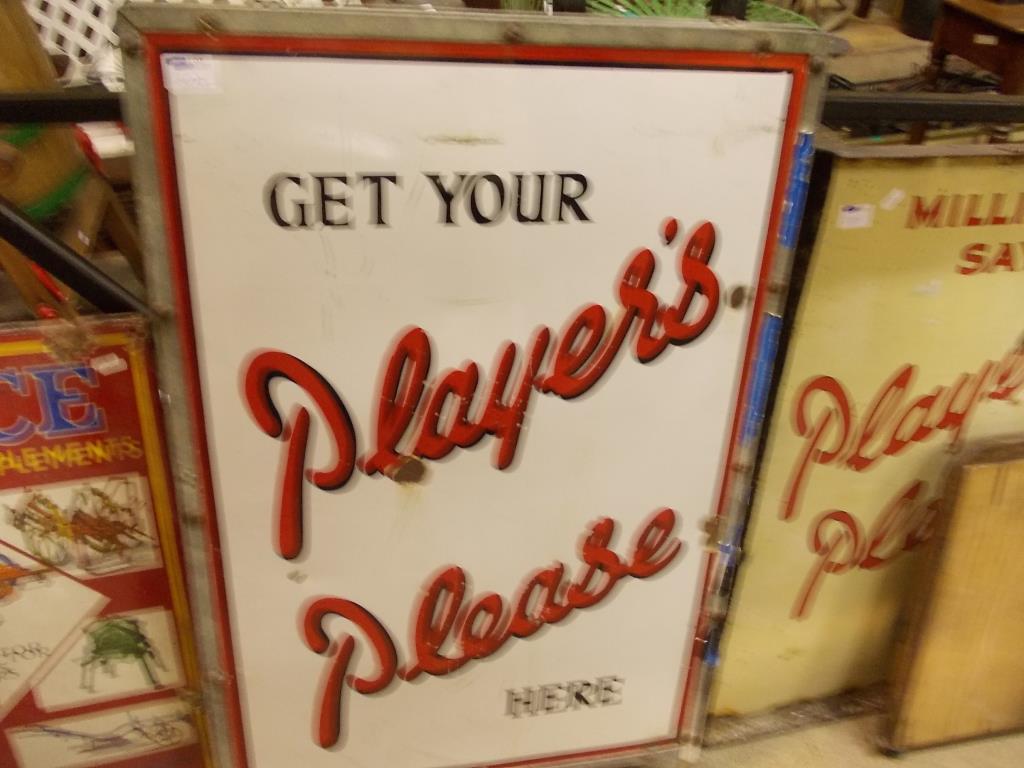 Enamel Sign "Get you Players Please Here" on stand on stand