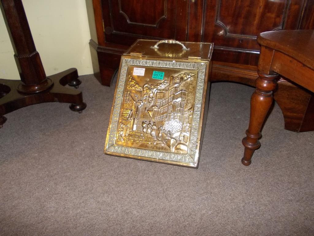 Edwardian Brass Coal Scuttle with embossed decoration decoration