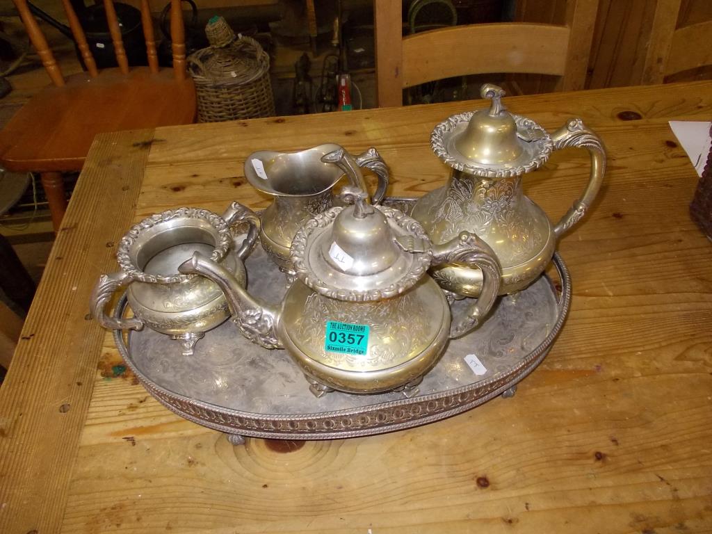 4 piece White Metal Tea Set on a Tray