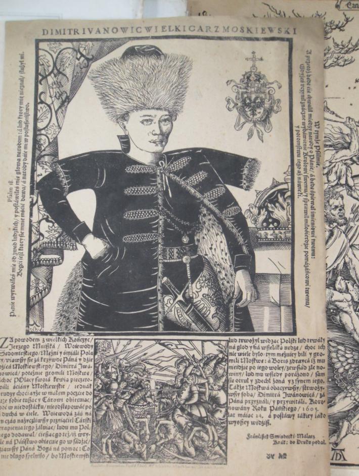 19th c. woodcut by A. PALINSKI being a portrait of "False Dimitri" the Tsar of Russia 1605-1606, two