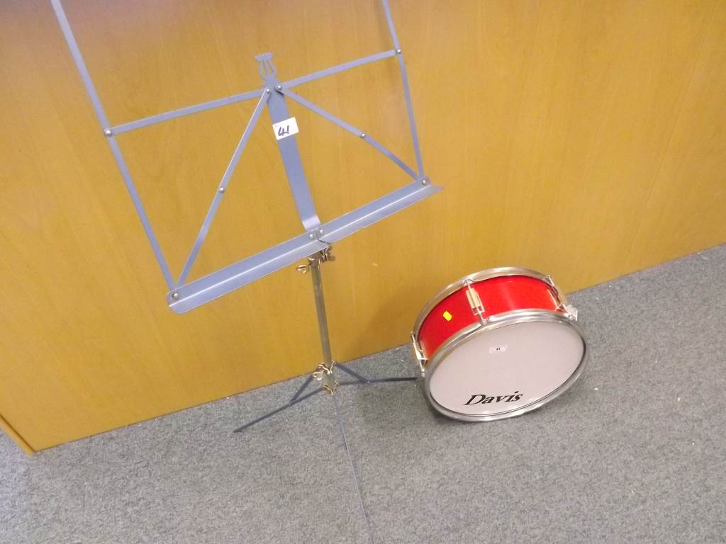 A snare drum marked Davis, and a portable music stand (2)