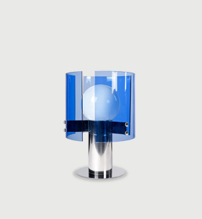 blue glass table lamp italy c,1970 Table lamp with a cylindrical glass metal body, supporting a