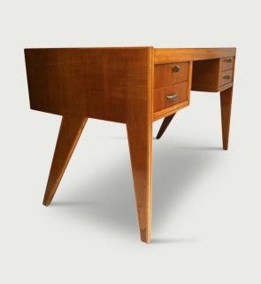 Italian Desk Italy c,1950 Geometric four drawer desk with leather insert top and contrasting wood