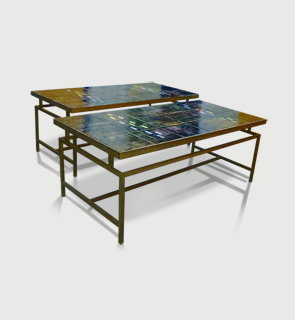 Pair side tables France c,1950 Pair of lacquered brass side tables with hand screened ceramic tiles.