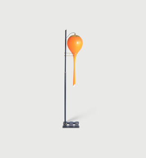 Stilnovo floor lamp Italy c,1958 An orange glass shade with lacquered brass mounts supported by a