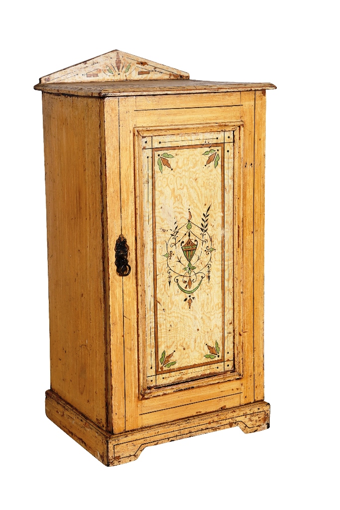 A late Victorian painted pine pot cupboard, the square top with pedimented backboard, the fielded