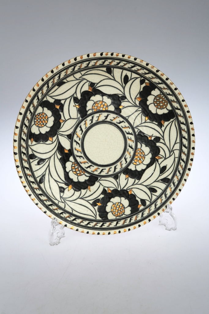 Charlotte Rhead for Crown Ducal, a "Tudor Rose" pattern charger, tubelined by Fanny Morrey and