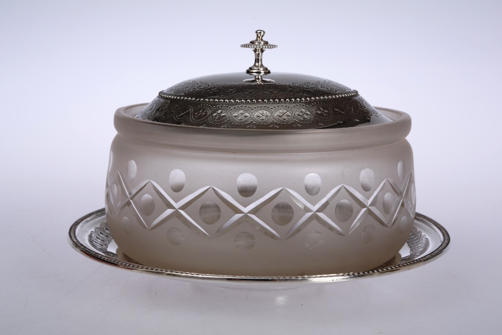 A Victorian silver, silver plated and cut glass butter dish, the silver cover, London 1869, engraved