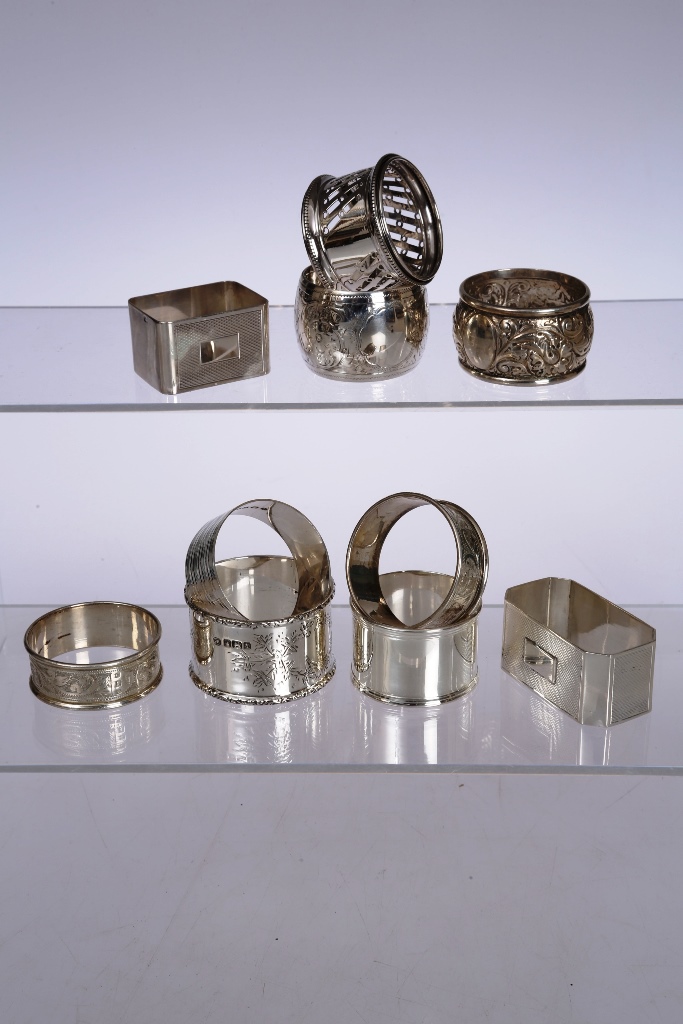 A group of ten silver napkin rings. 6.2 troy ozs
