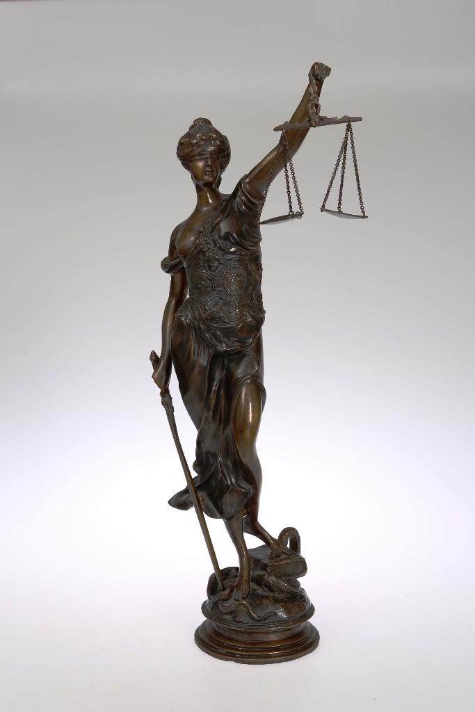 After Nicolas Mayer, "Lady of Justice", a bronze figure, signed in the cast. 55cm