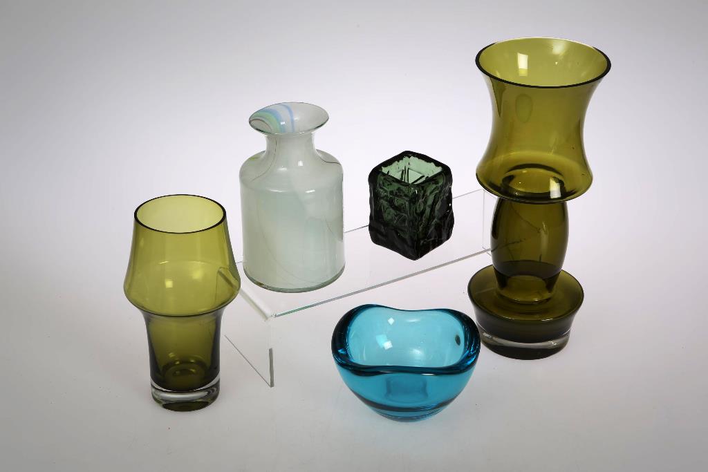 A collection of 20th century art glass, including a textured green glass vase by Ruda, Sweden; a "