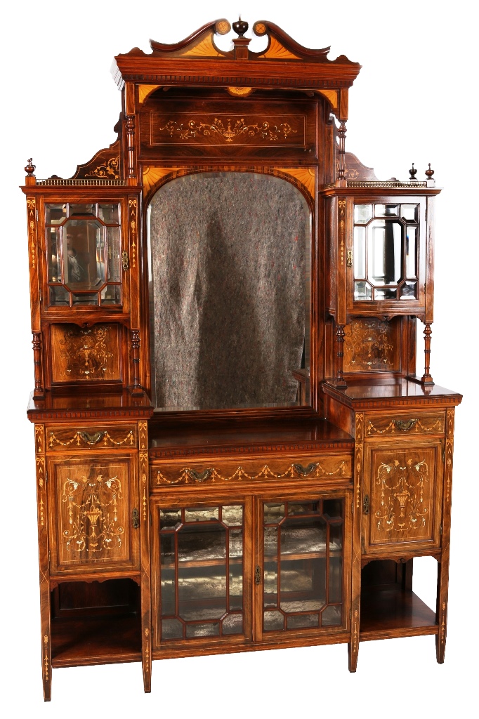 A fine inlaid rosewood parlour cabinet, circa 1890, the superstructure with swan neck and urn topped
