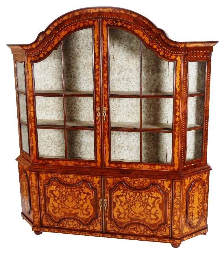 A Dutch floral marquetry and walnut cabinet, 19th century, the shouldered arch top with projecting